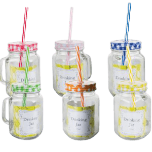 DRINKING-JAR GLS + STRAW 450ml ASSTD COL