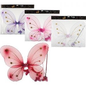 DRESS UP WINGS FAIRY & WAND 3 COL ASSTD